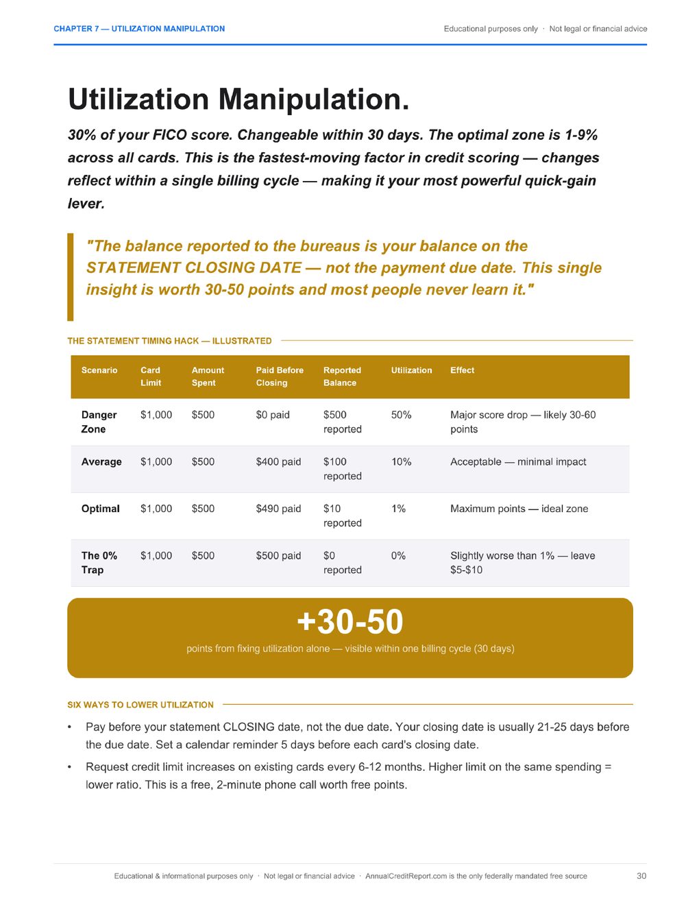 Page from Chapter 7 with a table comparing statement balances and utilization