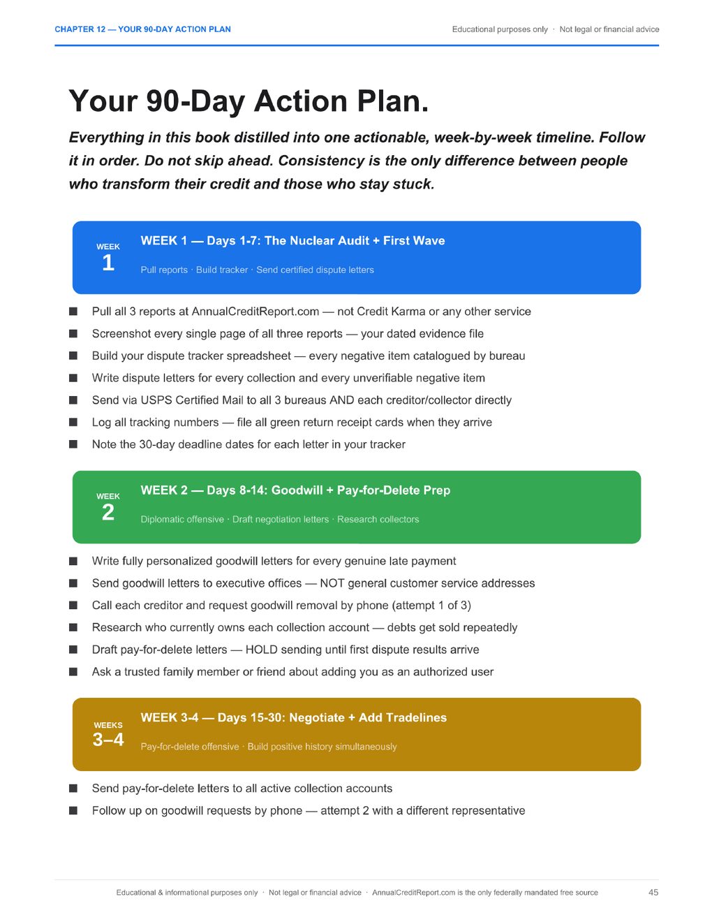Page from Chapter 12 showing the week-by-week 90-day action plan